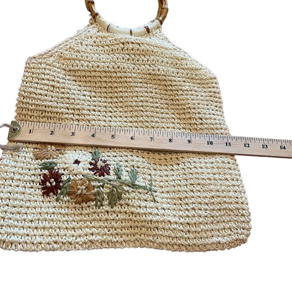 Faded Glory Boho Minimal Crochet Tote Purse with Wood Bamboo Handles & Flowers - Picture 8 of 8